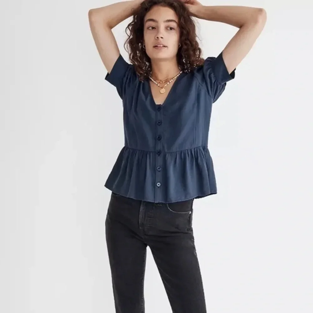 New Madewell Drapeweave Puff-Sleeve Peplum Top XS Dark Baltic